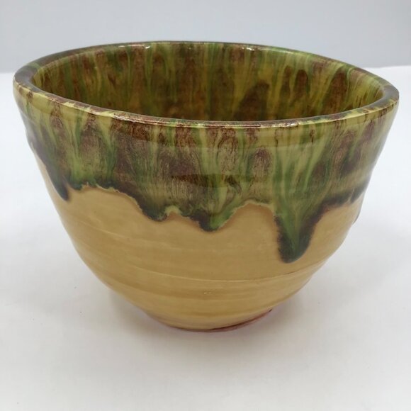 Vintage Glazed Bowl Handmade Studio Art Decor Yellow Green Glazed Artist Signed - Picture 2 of 11